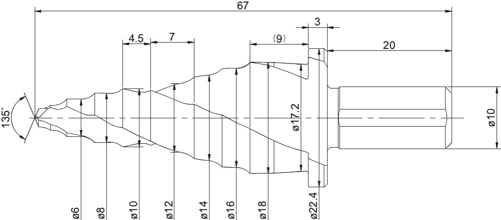 Drawing Phantom HSS multi diametre Step Drill‚ Ergo-Step for guardrail assembly‚ with spiral flute‚ TiAlN 6-18 mm