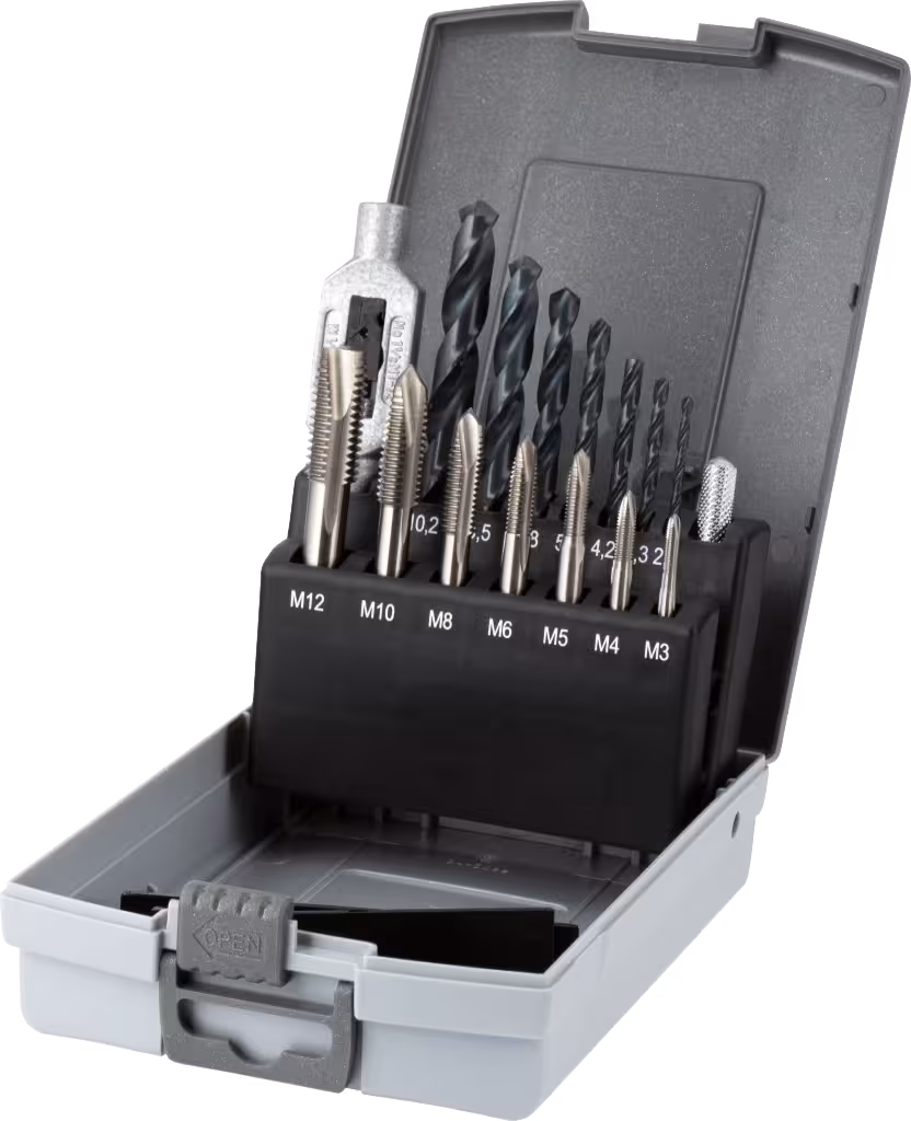 WebExtraImage International Tools ECO HSS Machine tap Set DIN 352 + drills‚ + adjustable Tap Wrench 22.190 - M3 - M12 + 11.416 - 2‚5-10‚2 + 81.900 - Nr. 1‚5