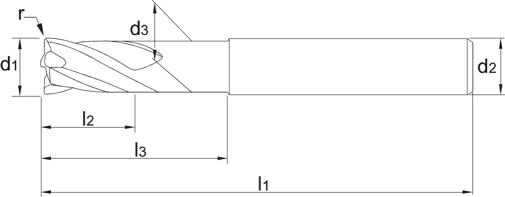 Drawing Phantom solid carbide HSC Torus Milling Cutter relieved neck version‚ TiAlSiN‚ HRC 45-70 6x9x20mm R0‚5