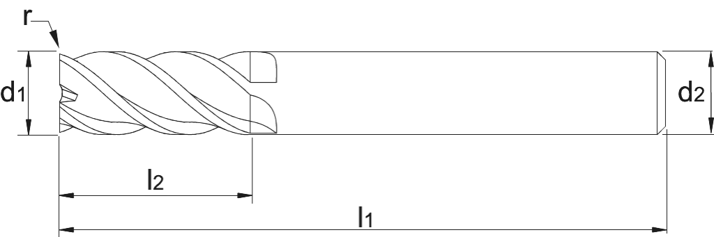 Drawing Phantom solid carbide Vari Flute End Mill DIN 6527-B short‚ AlTiN-X‚ corner radius‚ steel 3x5mm R0‚3