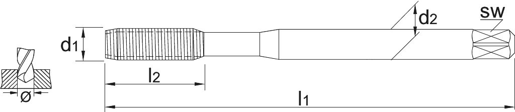 Drawing Phantom HSS-E Fluteless Tap DIN 2174 Metric Coarse‚ nitrided for blind and through holes M3