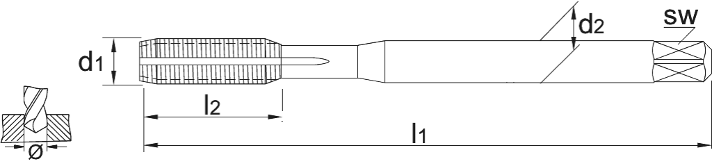 Drawing Phantom HSS-E Fluteless Tap DIN 2174 with lubrification grooves‚ Metric Coarse‚ TiCN for blind and through holes M3