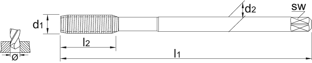 Drawing Phantom HSS-E Fluteless Tap DIN 2174 Metric Coarse‚ TiN for blind and through holes M12