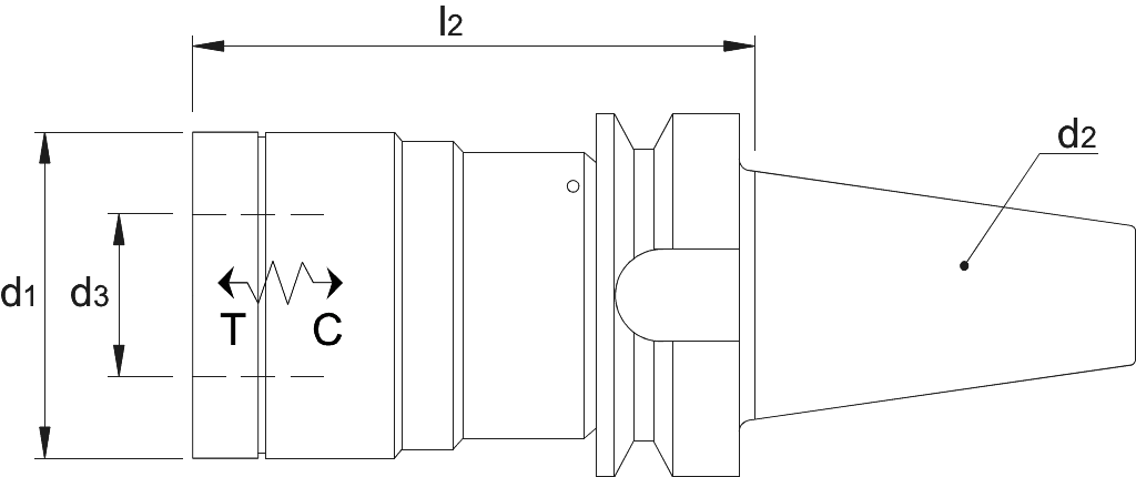 Drawing Phantom Quick Change Tap Chuck‚ with push and pull compensation‚ for usage with bushes for tapping‚ ISO 7388-2 (MAS-BT) BT40 Gr. 1 - M2-M14