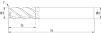 Drawing Phantom solid carbide Vari Flute End Mill long‚ AlTiN-X‚ corner radius‚ stainless steel 3x8mm R0‚3