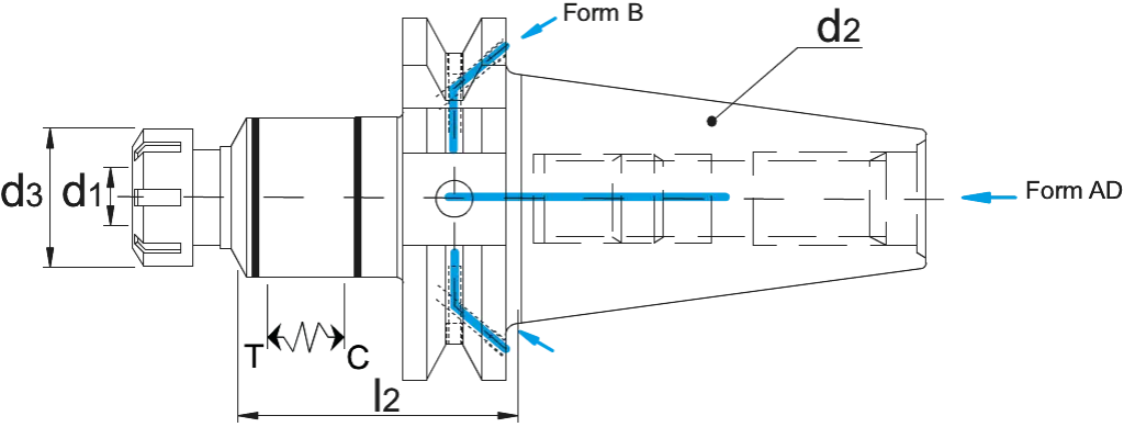 Drawing Phantom Synchro Tapping Holder ISO 15488-C (DIN 6499-C) for usage with ER collets (with square socket)‚ ISO 7388-1 (DIN 69871) SK40 ER16